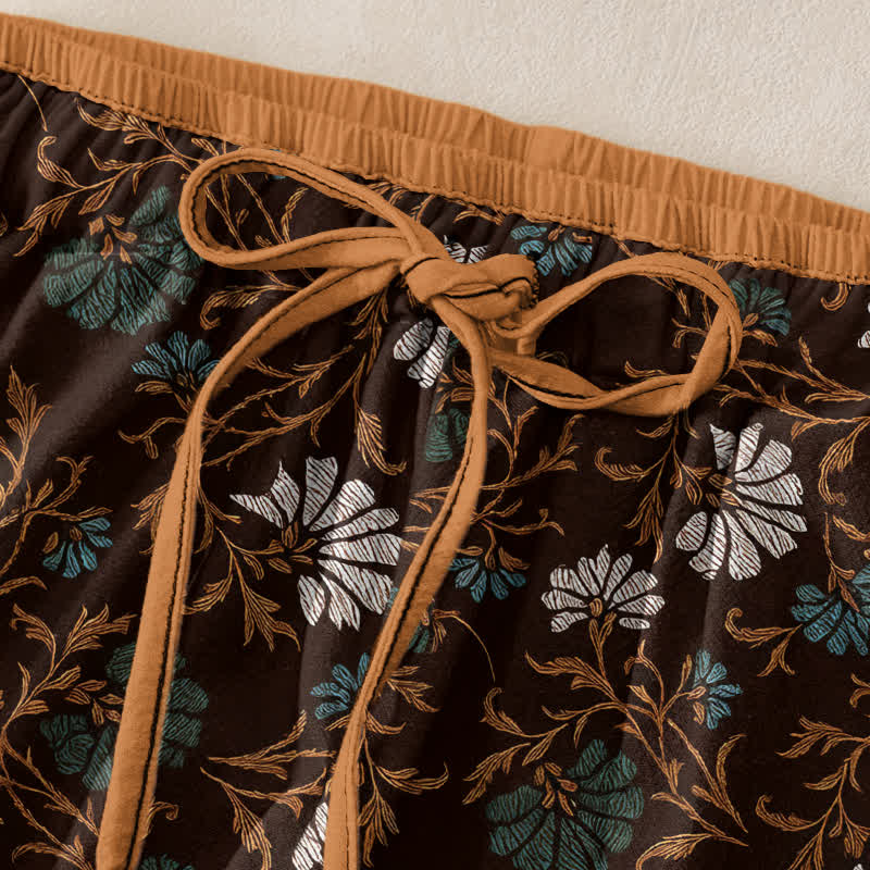 Buddha Stones Flowersl Vine Elastic Waist Drawstring Women's Cotton Pants With Pockets