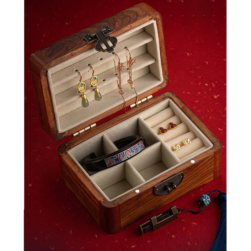 Buddha Stones Retro Handmade Floral Pattern Rosewood Jewelry Storage Box Lockable Wooden Gift Organizer Box