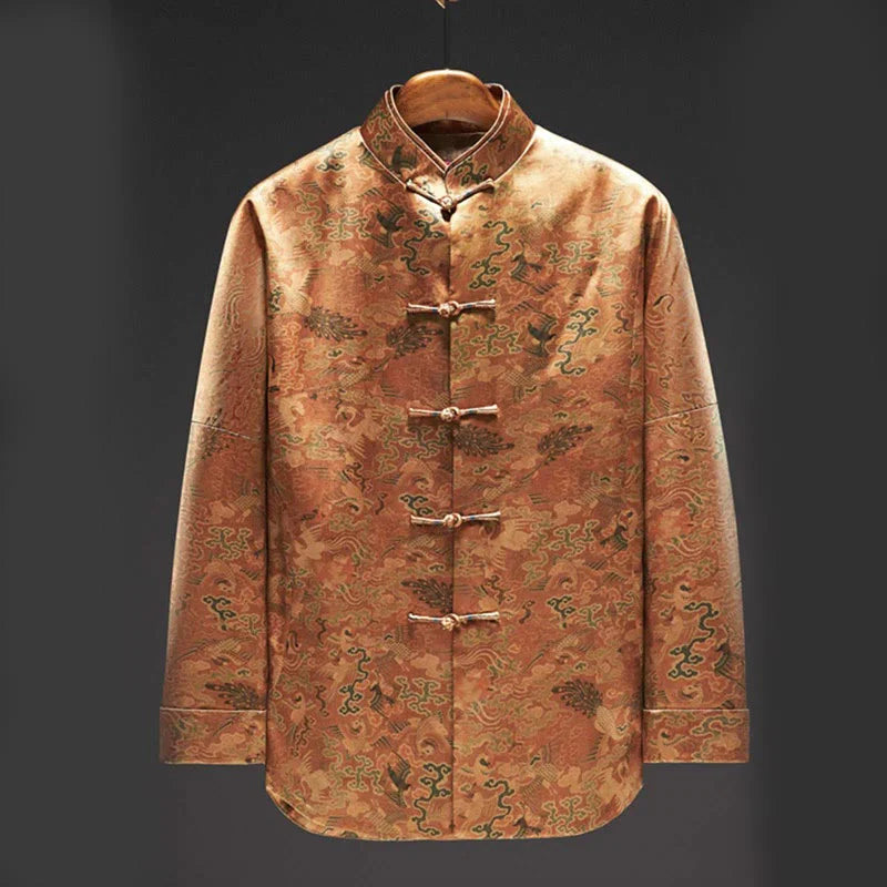 Buddha Stones 100% Mulberry Silk 30 Momme Phoenix Auspicious Clouds Long Sleeve Men's Jacket