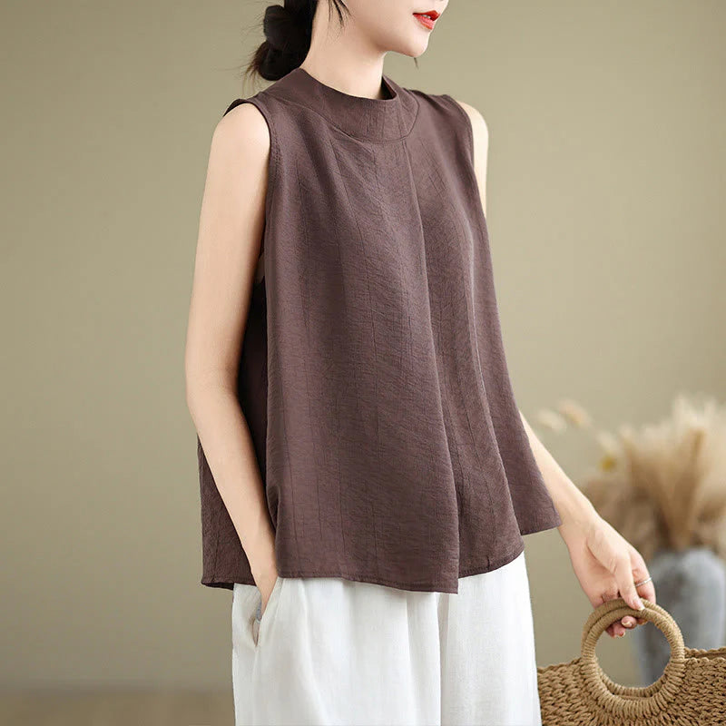 Buddha Stones Casual Plain Back Buttom Design Stand Collar Cotton Linen Women's Sleeveless Vest