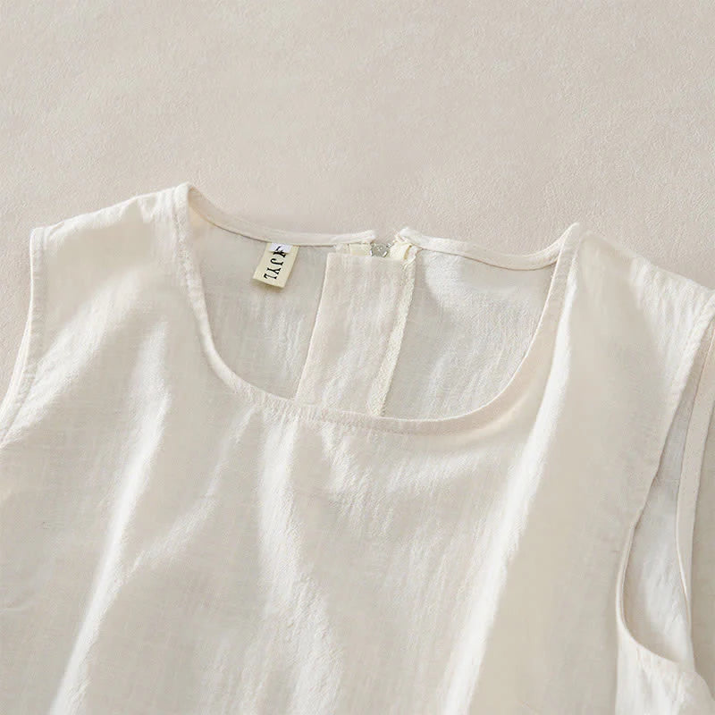 Buddha Stones Summer Embroidery Hem Back Zipper Design Sleeveless Solid Color Mini Dress With Pockets