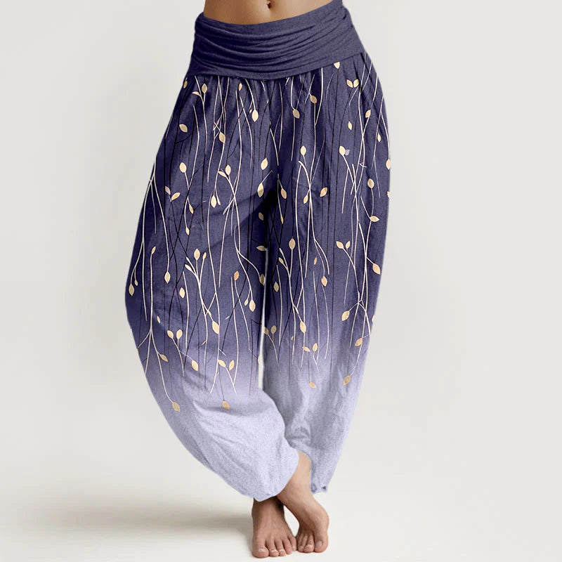 Buddha Stones Branches Leaves Pattern Gradient Women's Elastic Waist Pure Cotton Harem Pants