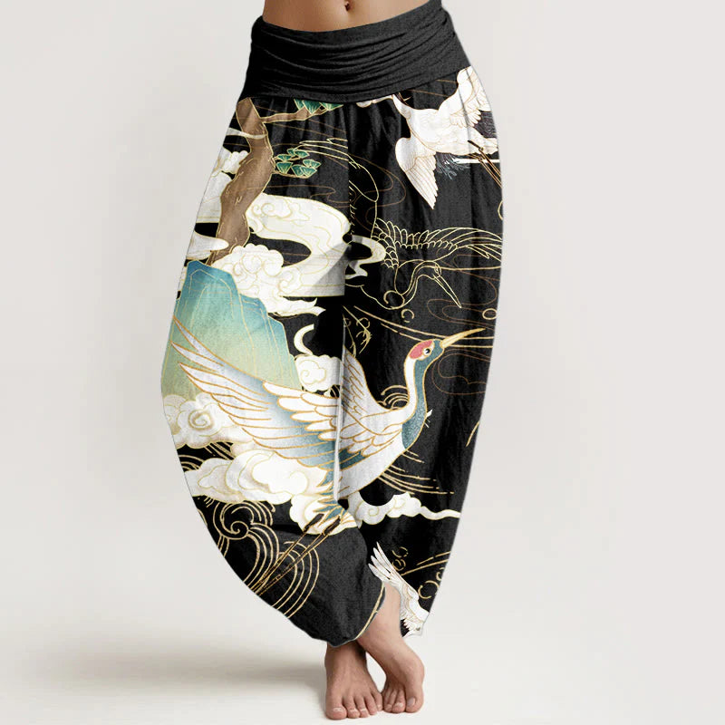 Buddha Stones Pure Cotton Flying Cranes Auspicious Clouds TreeÂ women's Elastic Waist Harem Pants
