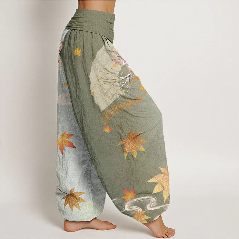 Buddha Stones Cotton Casual Folding Fan Flowers Maple Leaves Cloud Pattern Women's Elastic Waist Harem Pants