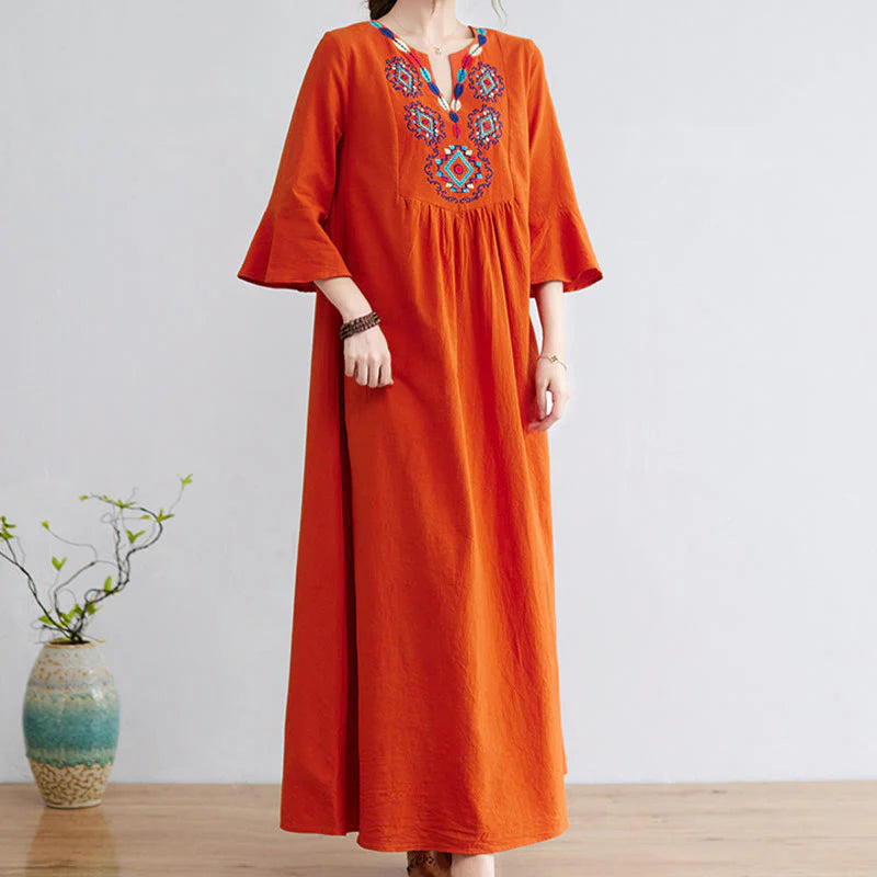 Buddha Stones Loose Plain Ethnic Embroidery Floral Pattern Three Quarter Sleeve Cotton Linen Maxi Dress