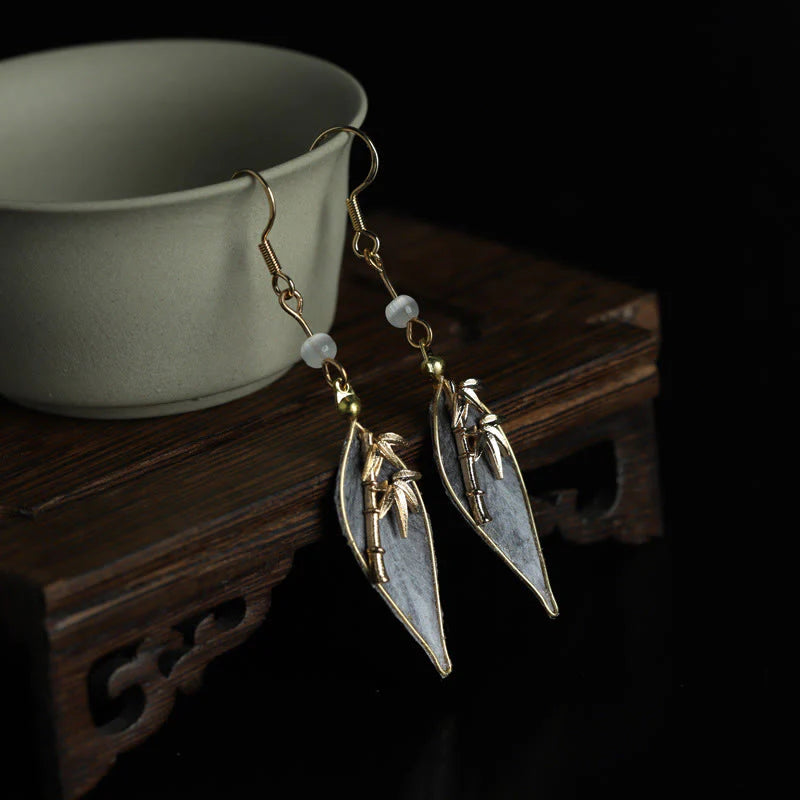Buddha Stones Handcrafted Silk Art Bamboo Design Copper Hook Luck Protection Dangle Earrings