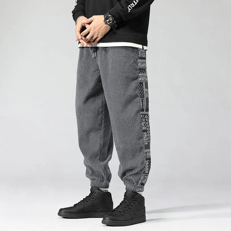 Buddha Stones Fall Solid Drawstring Side Paisley Pattern Straight Leg Ankle-length Corduroy Men's Pants With Pockets