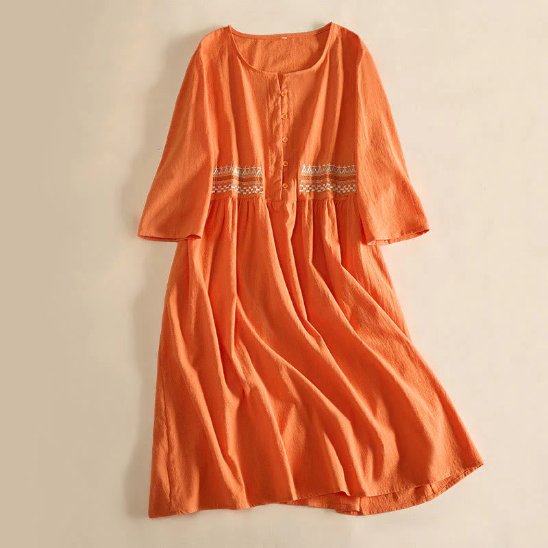 Buddha Stones Embroidery Geometry Half Sleeve Women's Midi Dress With Pockets