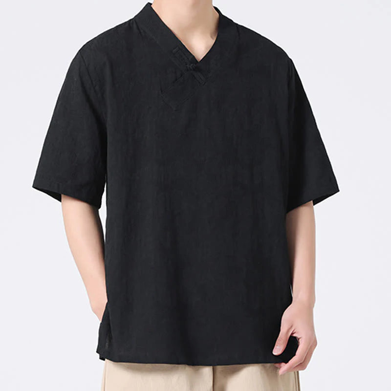 Buddha Stones Ethnic Distressed Jacquard Frog-Button Men's Stand Collar Half Sleeve Cotton Linen Shirt Tai Chi Clothes