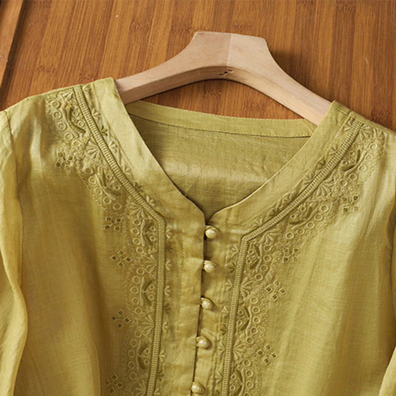 Buddha Stones Casual Embroidery Frog-Button Polyester Half Sleeve Women's V-neck Shirt