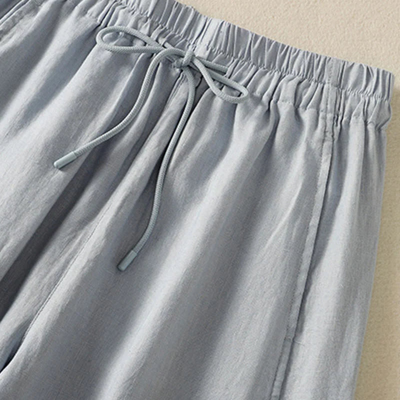Buddha Stones Commute Plain Design Drawstring Cotton Linen Women's Wide Leg Pants With Pockets