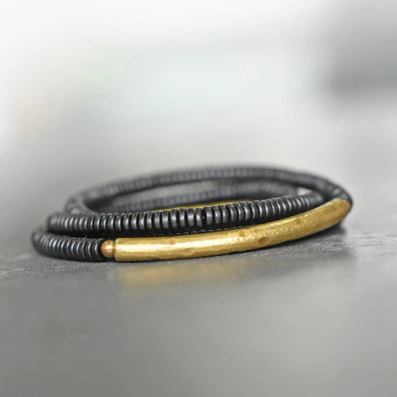 Buddha Stones Ebony Wood Brass Copper Balance Multilayered Bracelet