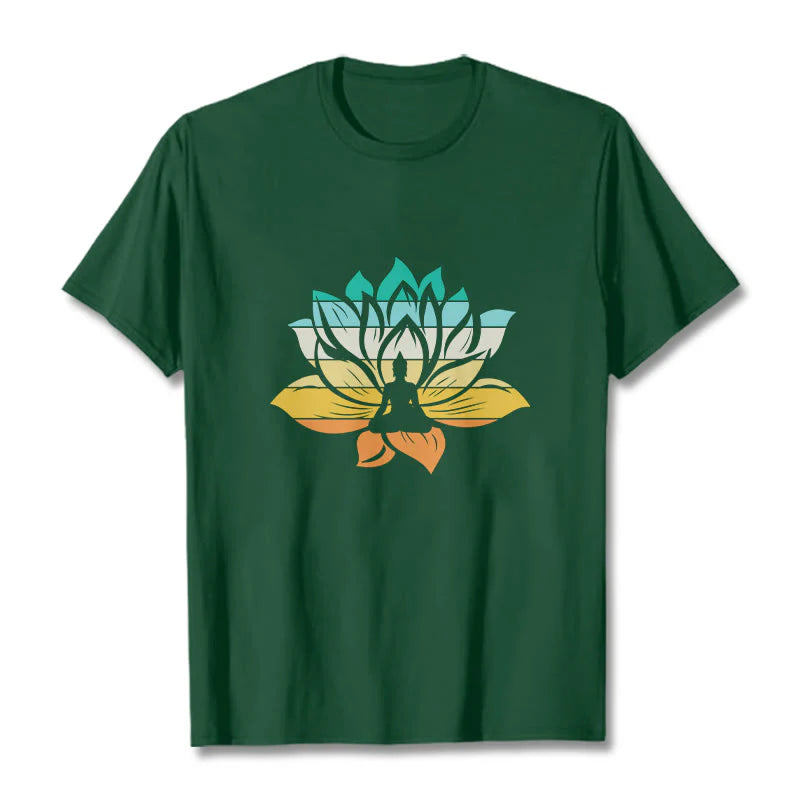 Buddha Stones Gradient-colored Lotus Flower Buddha Meditation Cotton Tee T-shirt