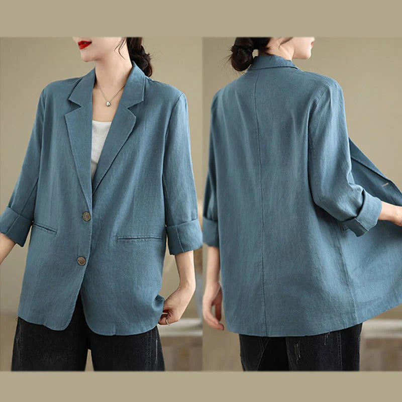 Buddha Stones Spring Solid Color Long Sleeve Cotton Linen Women's Jacket With Pockets
