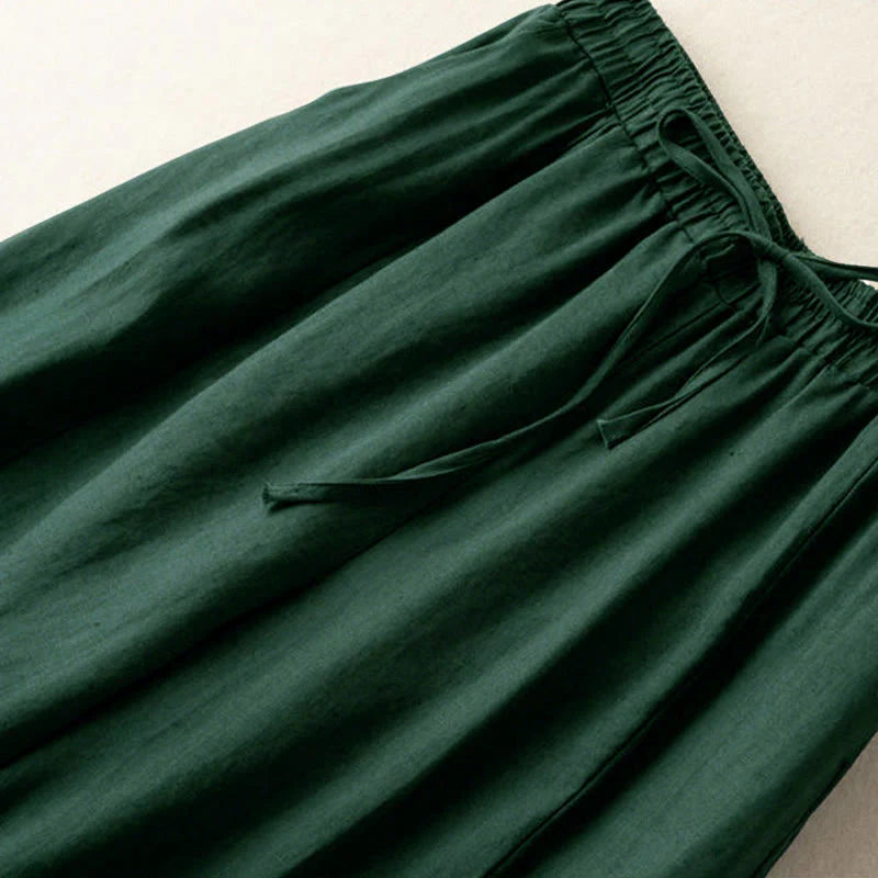 Buddha Stones Plain Color 7-8 Length Capri Cropped Pants Cotton Linen Women's Wide Leg Pants With Pockets