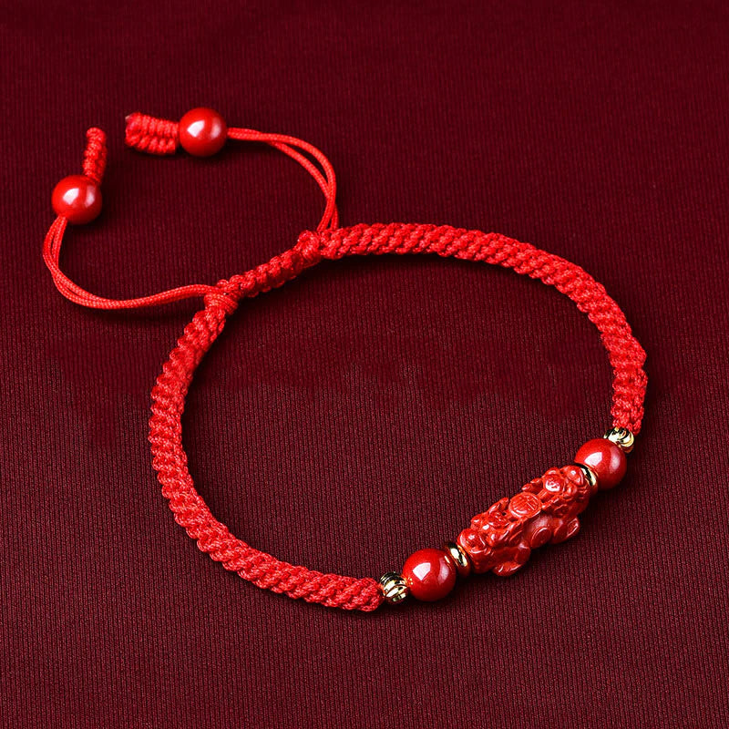 Buddha Stones Handcrafted Pixiu Cinnabar Ruyi Stick Wealth Luck Braided Bracelet