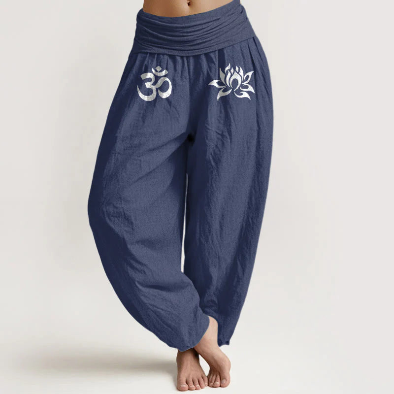 Buddha Stones Solid Color Pure Cotton Lotus Om Symbol Pattern Women's Elastic Waist Harem Pants