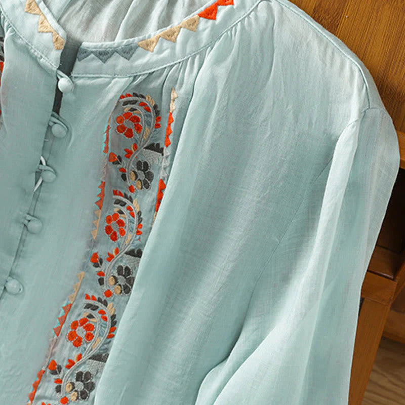 Buddha Stones Vintage Embroidery Single Row Multi-Button Placket Design Women's Cotton Linen Long Lantern Sleeve Shirt