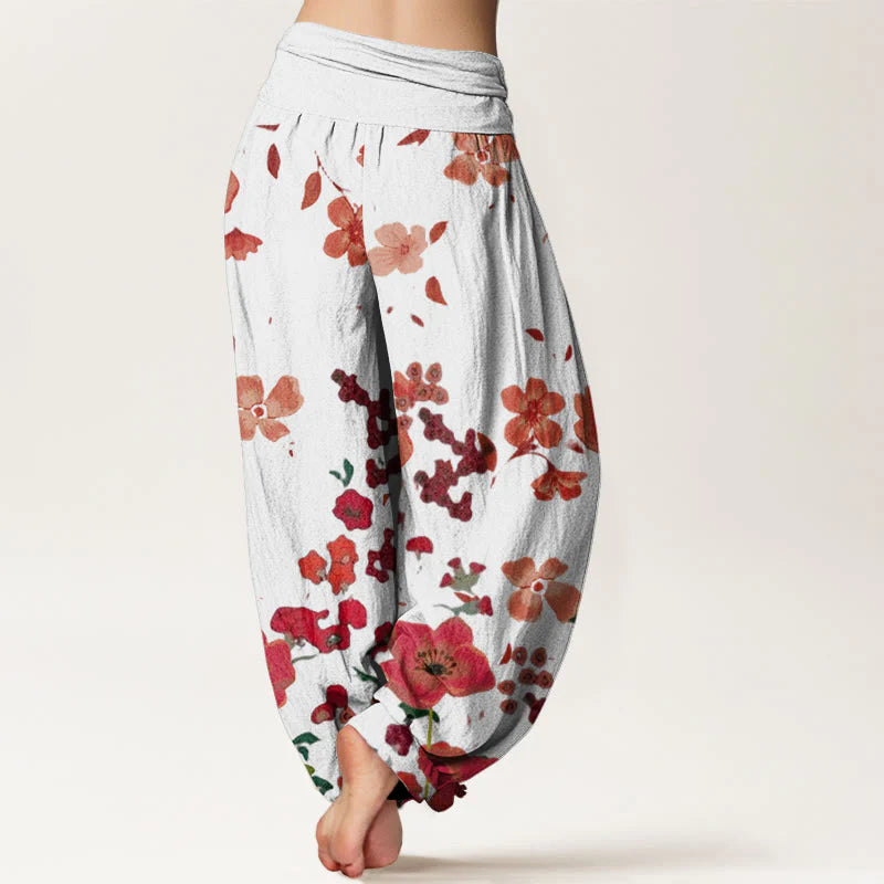 Buddha Stones Cotton Red Flowers Common Poppy Design Women's Elastic Waist Harem Pants