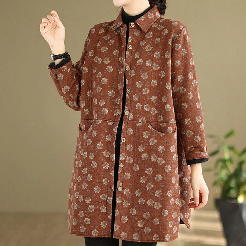 Buddha Stones Fall Winter Buttons Flower Patterns Long Sleeve Cotton Women's Jacket With Pockets