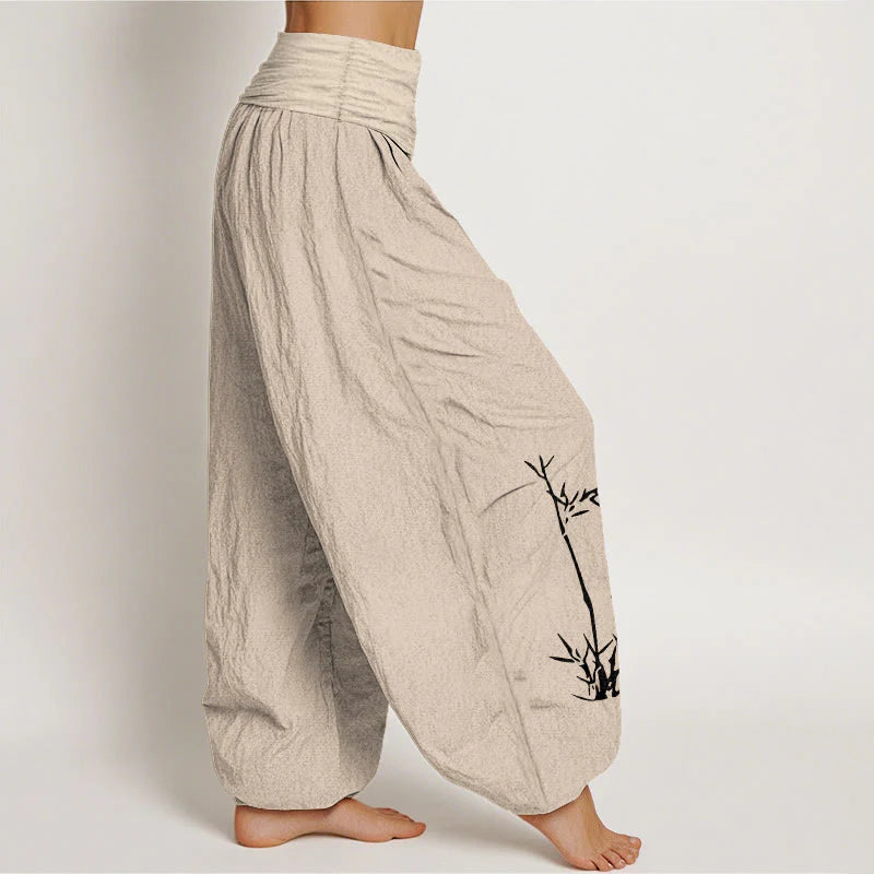 Buddha Stones Pure Cotton Concise Bamboo Butterfly Pattern Women's Elastic Waist Harem Pants