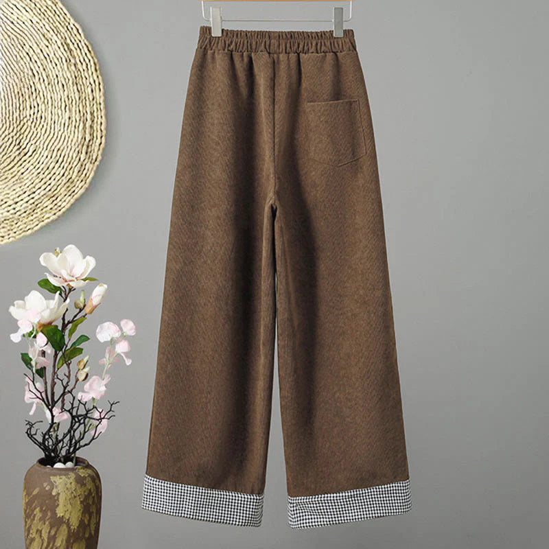Buddha Stones Plain Elastic Waist Patchwork Plaid Women's Ankle-Length Wide Leg Corduroy Pants