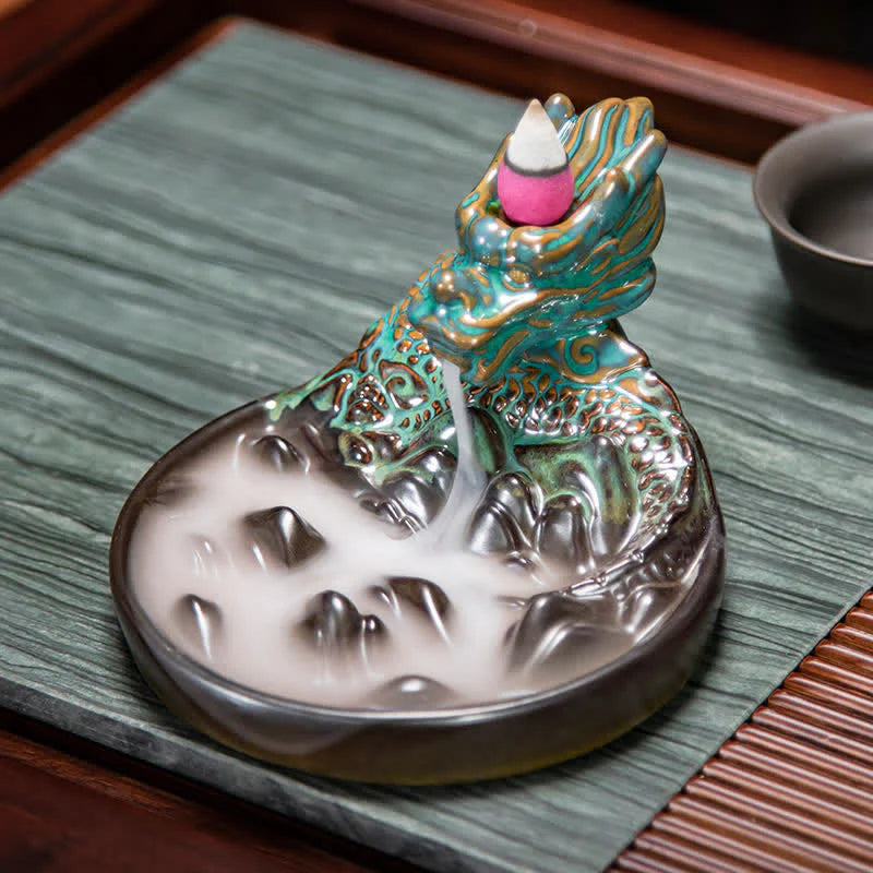 Dragon Pattern Ceramic Backflow Smoke Fountain Incense Burner Decoration (Extra 35% Off | USE CODE: FS35)