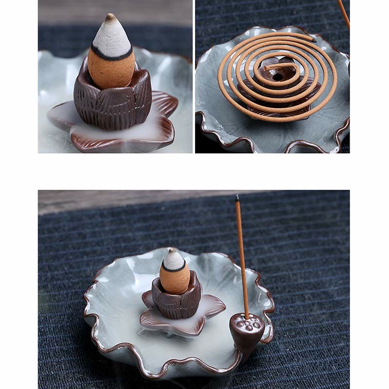 Buddha Stones Lotus Plum Blossom Square Ceramic Spiritual Backflow Incense Burner