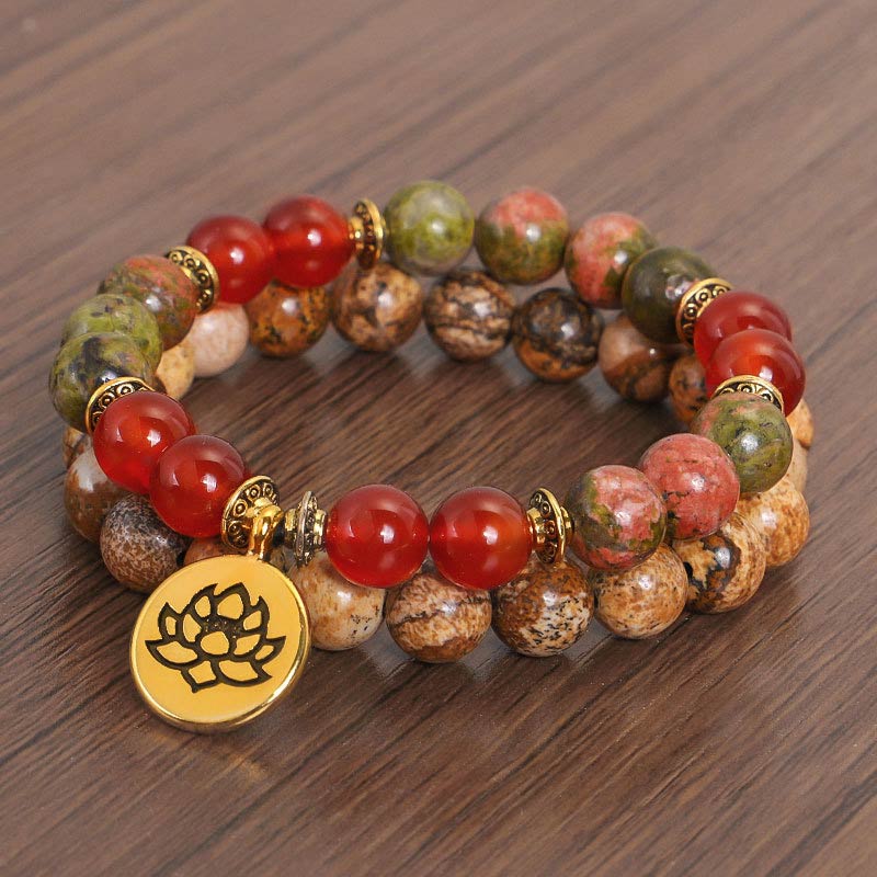 Buddha Stones Tibetan Picture Jasper Positive Lotus Bracelet Set (Extra 35% Off | USE CODE: FS35)