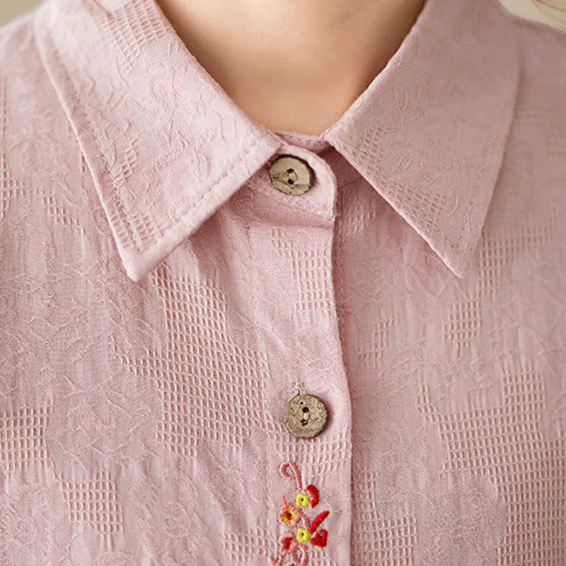 Buddha Stones Spring Plain Embroidered Flower Pattern Button Women's Long Sleeve Cotton Lapel Shirt