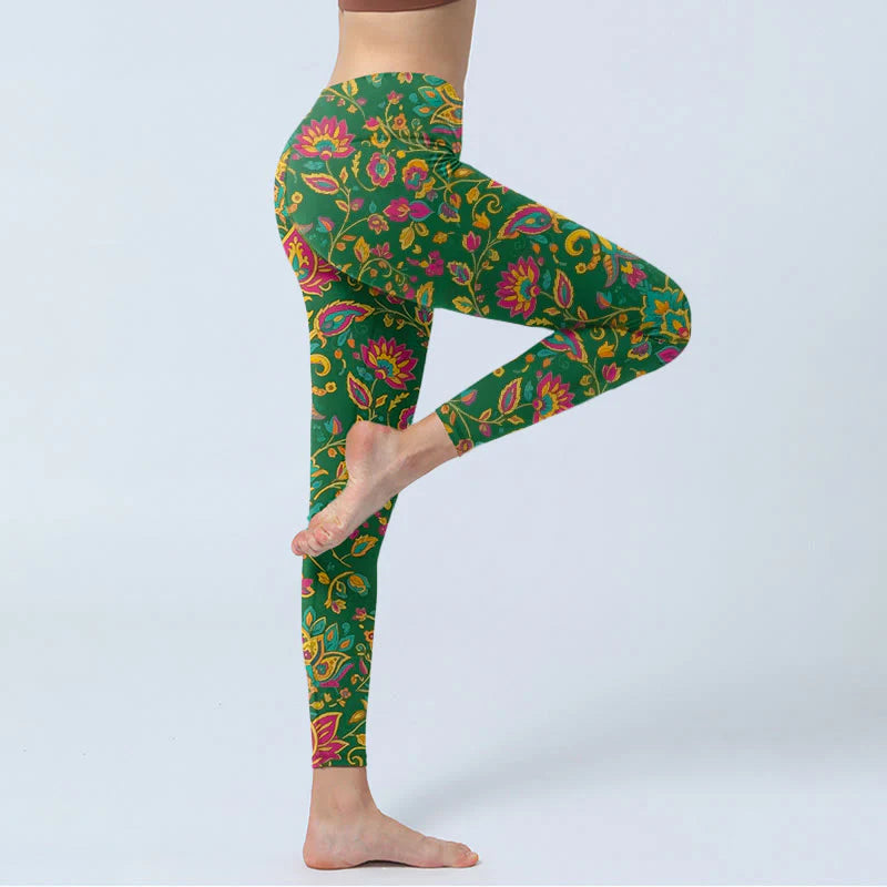 Buddha Stones Brightly Colored Flower Leaf Pattern Gym Leggings Women's Yoga Pants