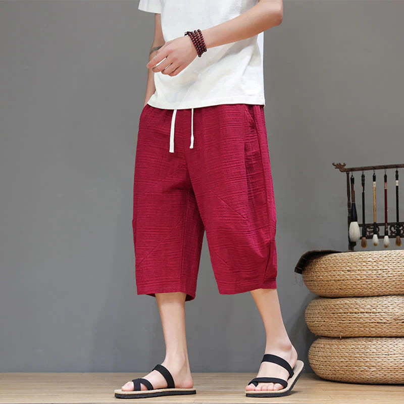 Buddha Stones Vintage Jacquard Solid Color Drawstring Cropped Cotton Linen Men's Harem Pants With Pockets