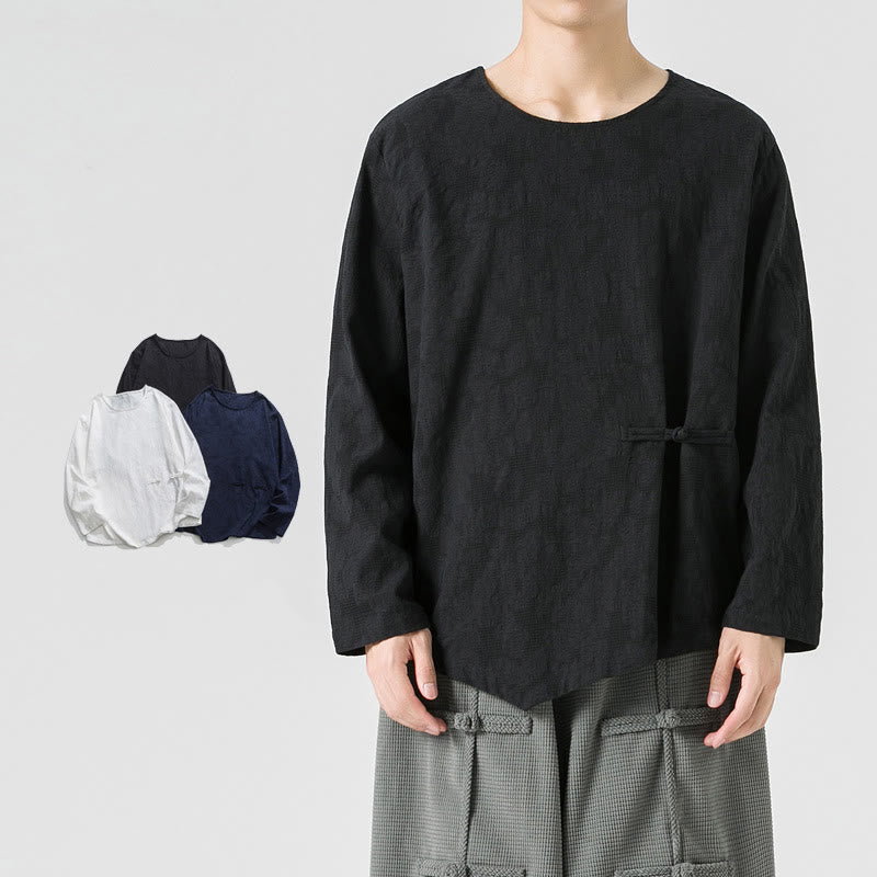 Buddha Stones Men's Chinese Frog-Button Plain Design Cotton Long Sleeve T-Shirt Zen Clothing