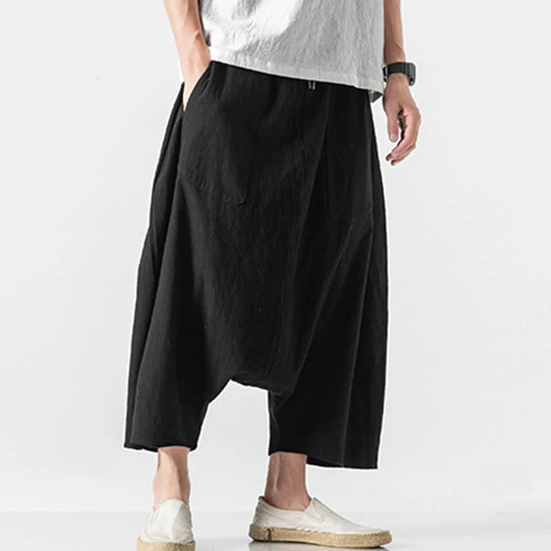 Buddha Stones Casual Low Crotch Design Drawstring Men's 7-8 Length Cotton Linen Wide Leg Pants With Pockets