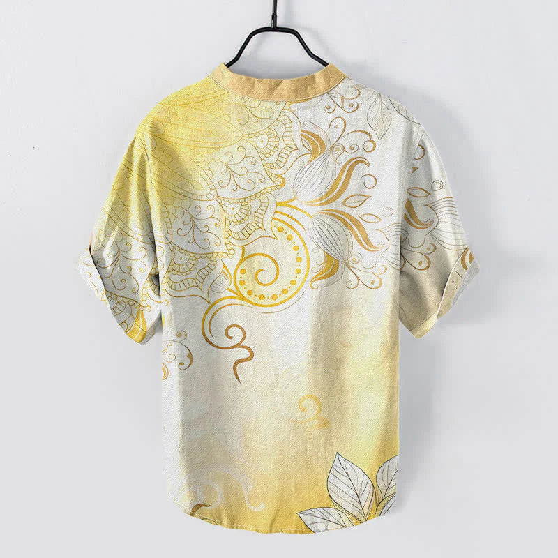 Buddha Stones Cotton Mandala Floral Emblem Men's Short Sleeve Half Button Shirt