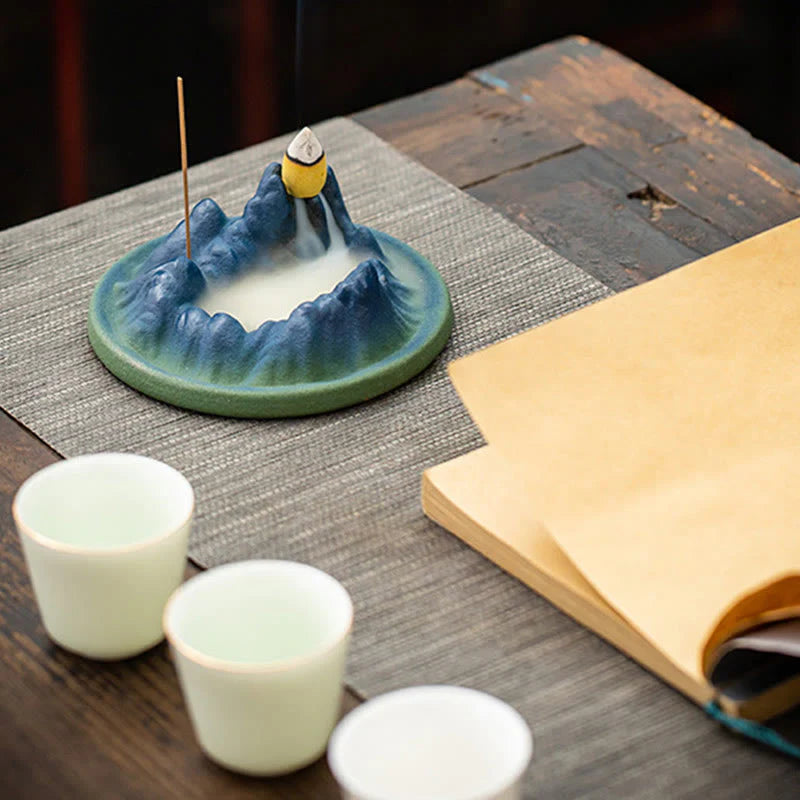 Buddha Stones Creative Mountain River Ceramic Healing Backflow Incense Burner
