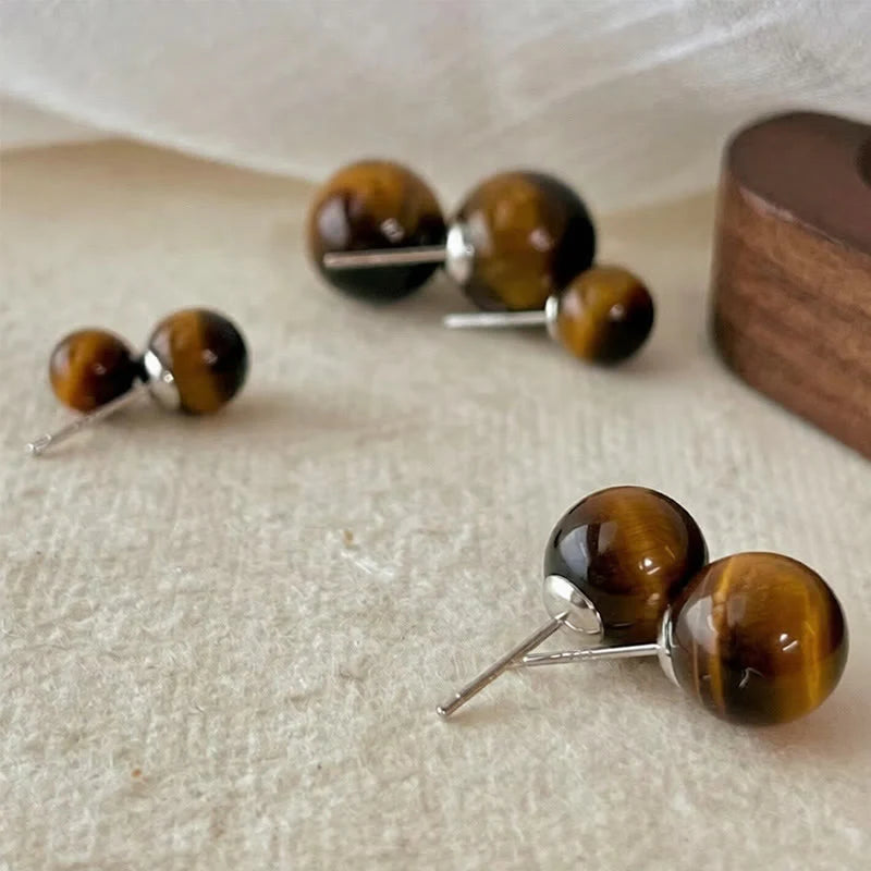 Buddha Stones Simple Tiger Eye Retro Round Protection Stud Earrings
