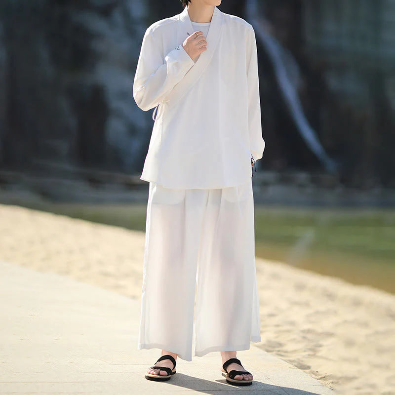 Buddha Stones 2Pcs Fall Lace-up Bamboo Embroidery Cotton Kimono Ankle-Length Pants With Pockets Men's Meditation Cloth Set