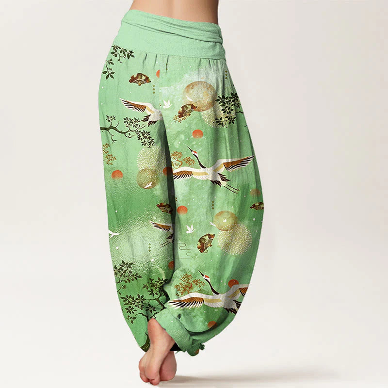 Buddha Stones Cotton Traditional Crane Pine Tree Bird Fan Sun Pattern Women's Elastic Waist Harem Pants