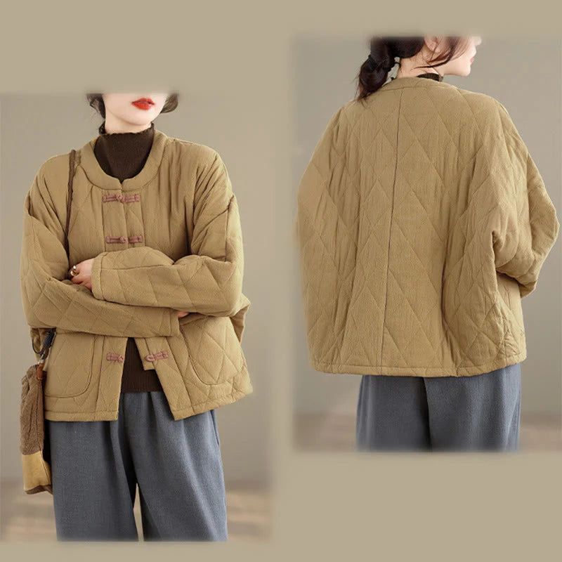Buddha Stones Winter Frog-Button Diamond-shaped Lines Cotton Long Sleeve Women's Thermal Jacket With Pockets