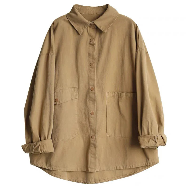 Buddha Stones Vintage Casual Pure Color Lapel Women's Cotton Jacket With Pockets