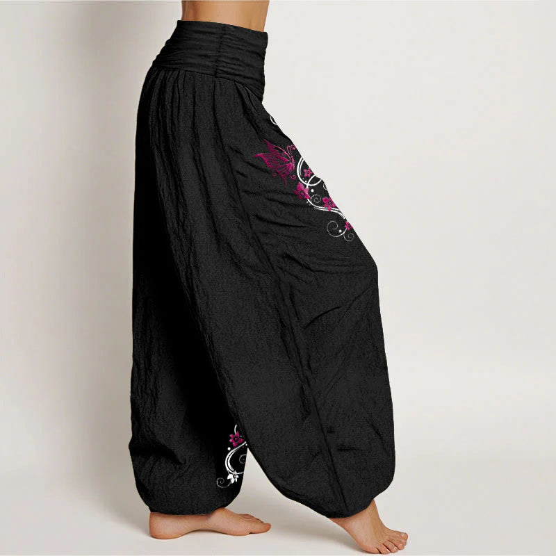 Buddha Stones Pure Cotton Softly Colored Butterfly Flower Vine Pattern Women's Elastic Waist Harem Pants
