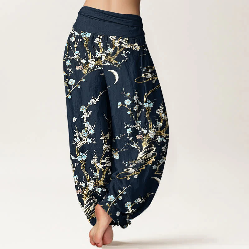 Buddha Stones Pure Cotton Plum Blossom Branches Elastic Waist Women's Harem Pants