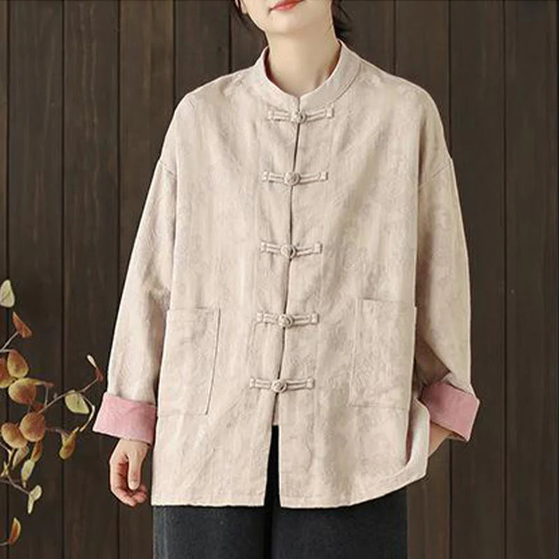 Buddha Stones Fall Floral Print Frog-Button Stand Collar Long Sleeve Women's Cotton Shirt