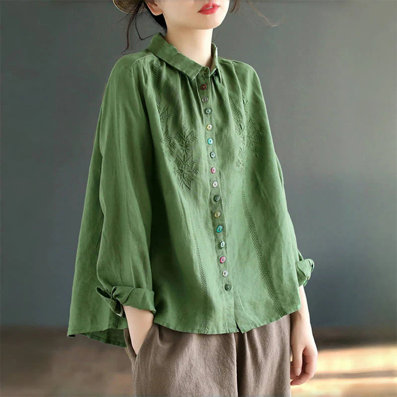 Buddha Stones Spring Embroidery Long Sleeve Colorful Button Label Cotton Linen Women's Shirt
