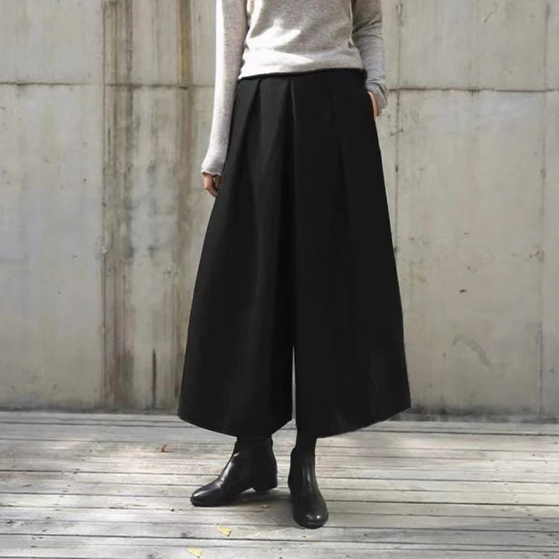 Buddha Stones Plain Elastic Waistband Design Women's 7-8 Length Wide Leg Pants With Pockets