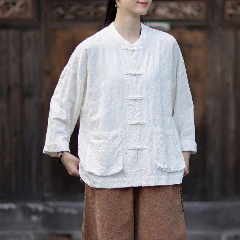 Buddha Stones Fall Jacquard Women's Frog-Button Long Sleeve Shirt Pants Cotton Linen Clothing