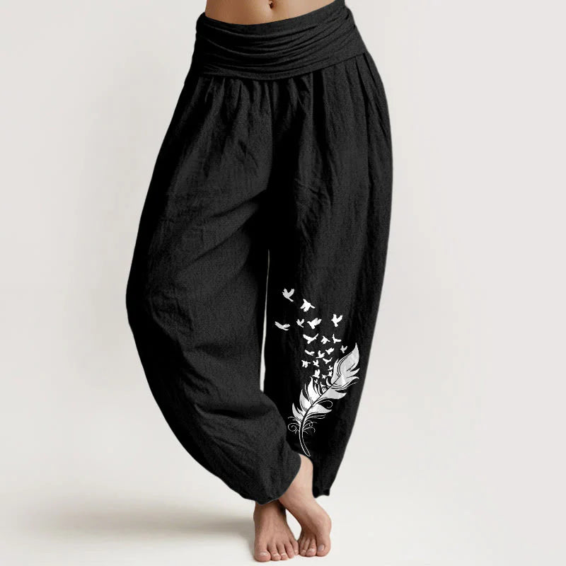Buddha Stones Pure Cotton Vivid Bird Feather Pattern Women's Elastic Waist Harem Pants