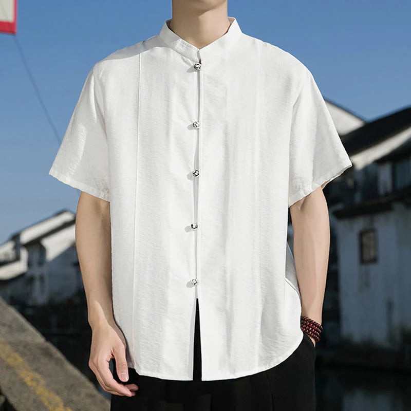 Buddha Stones Summer Solid Color Front Button Design Men's Half Sleeve Cotton Shirt