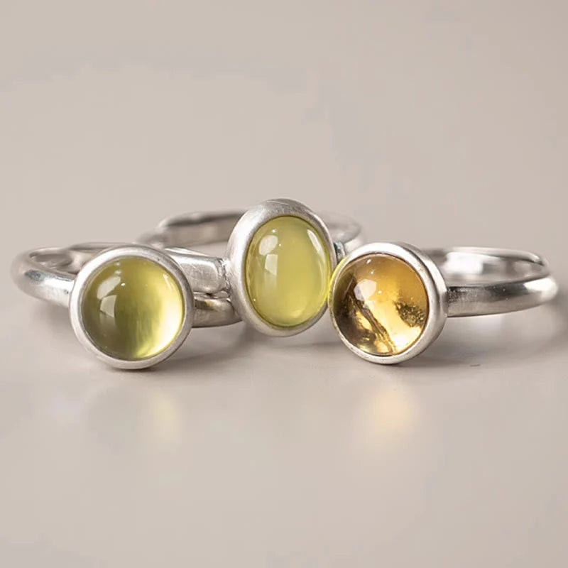 Buddha Stones Natural 925 Sterling Silver Prehnite Citrine Adjustable Happiness Ring